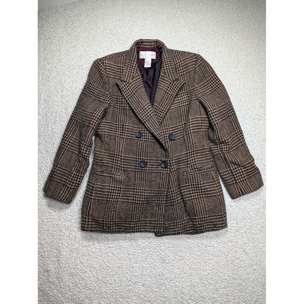 Vintage 80s Casual Corner Womens Blazer Wool Plaid Double Breasted Tan 12P